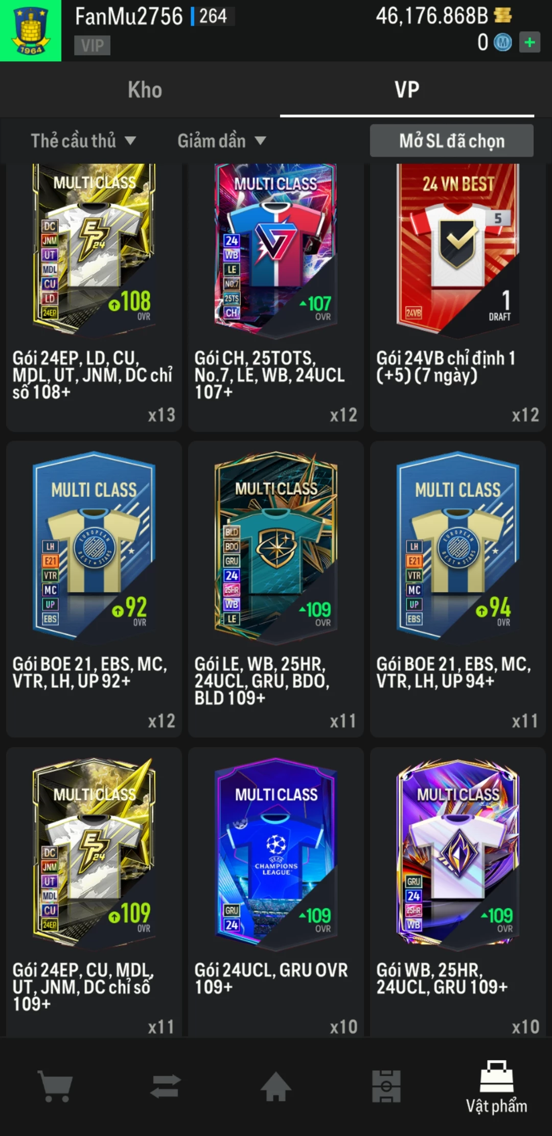 Ảnh ACC mở thẻ (LOẠI SVIP PROMAX) bao gồm có thẻ +12, thẻ Prime (có QH, CP, XS) và 1500+ đến 2000+ thẻ cầu thủ từ Siêu sao đến Miền núi các loại khác. Có sẵn BP trắng trong acc từ 40.000 tỷ BP đến 46.000 tỷ BP kèm theo nhiều ngày SVIP